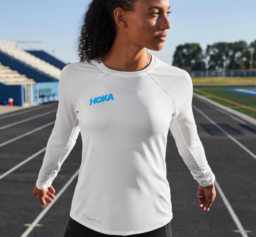 Hoka Australia One One Performance Long Sleeve - Womens Tops White - UEARW-4985